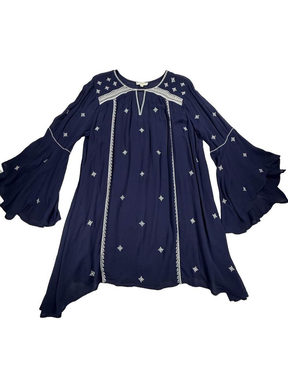 Umgee XL Navy Blue Embroidered Boho Tunic Bell Sleeve Peasant Blouse Cotton - Picture 2 of 12